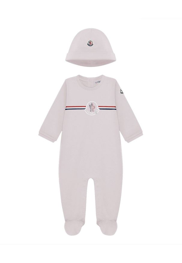 MONCLER KIDS - Jasnoróżowe śpioszki z czapką 0-2 lat. Kolor: różowy, wielokolorowy, fioletowy. Materiał: bawełna. Wzór: aplikacja