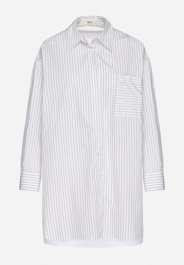 Born2be - Biała Koszula z Bawełny w Paski Ozdobiona Kieszenią Halonila. Okazja: na co dzień. Typ kołnierza: kołnierzyk klasyczny. Kolor: biały. Materiał: bawełna. Wzór: aplikacja, paski. Styl: elegancki, casual, klasyczny