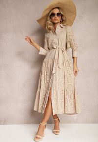 Renee - Beżowa Ażurowa Sukienka Koszulowa z Bawełnianej Tkaniny Felicema. Okazja: na co dzień. Typ kołnierza: kołnierzyk klasyczny. Kolor: beżowy. Materiał: bawełna, tkanina. Wzór: ażurowy. Typ sukienki: koszulowe. Styl: klasyczny, casual #4