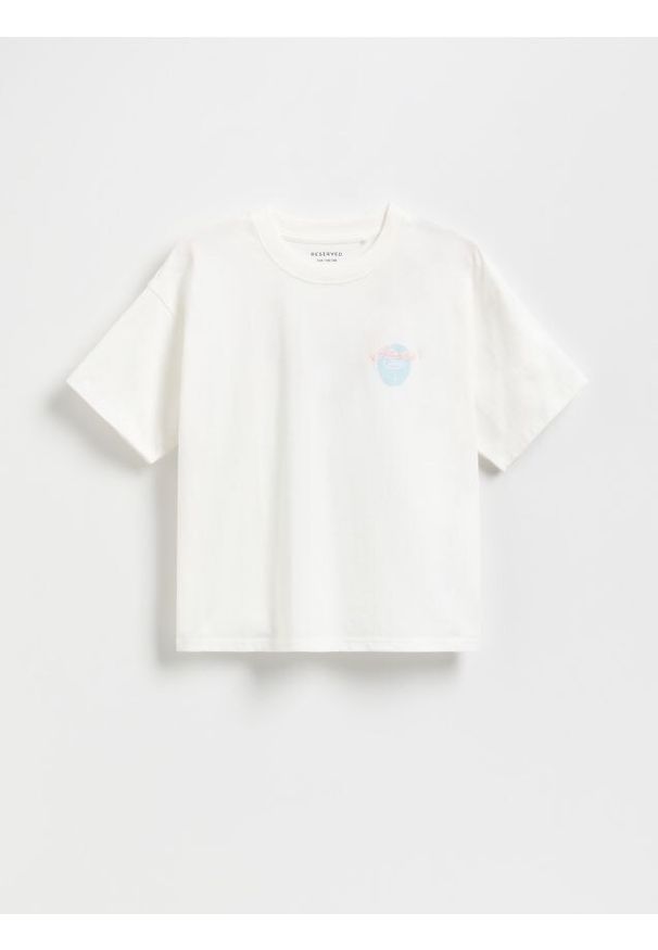Reserved - T-shirt z nadrukiem na plecach - złamana biel. Materiał: bawełna. Wzór: nadruk