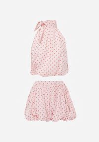 Renee - Różowy Bawełniano-Wiskozowy Komplet Balloon w Groszki Wiązany Top i Szorty Luxina. Kolor: różowy. Materiał: wiskoza, bawełna. Wzór: grochy #8