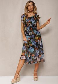 Renee - Czarno-Niebieska Rozkloszowana Sukienka Midi w Kwiecisty Wzór Werttia. Okazja: na co dzień. Kolor: czarny. Materiał: len. Długość rękawa: krótki rękaw. Typ sukienki: proste, rozkloszowane. Styl: klasyczny, casual, elegancki. Długość: midi #5