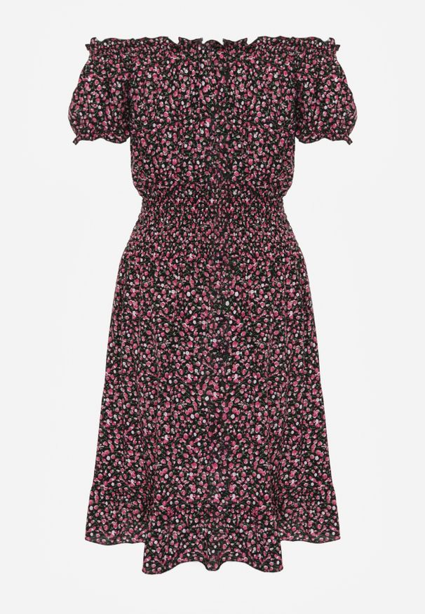 Renee - Czarno-Czerwona Bawełniana Sukienka z Gumką w Talii o Fasonie Hiszpanki Jazmi. Okazja: na co dzień, na spacer. Typ kołnierza: dekolt hiszpanka. Kolor: czarny. Materiał: bawełna. Wzór: aplikacja. Typ sukienki: sportowe, proste. Styl: sportowy, casual, elegancki