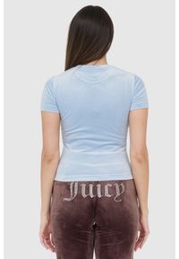 Juicy Couture - JUICY COUTURE Błękitny welurowy t-shirt damski z błyszczącym logo, Rozmiar L. Kolor: niebieski. Materiał: welur