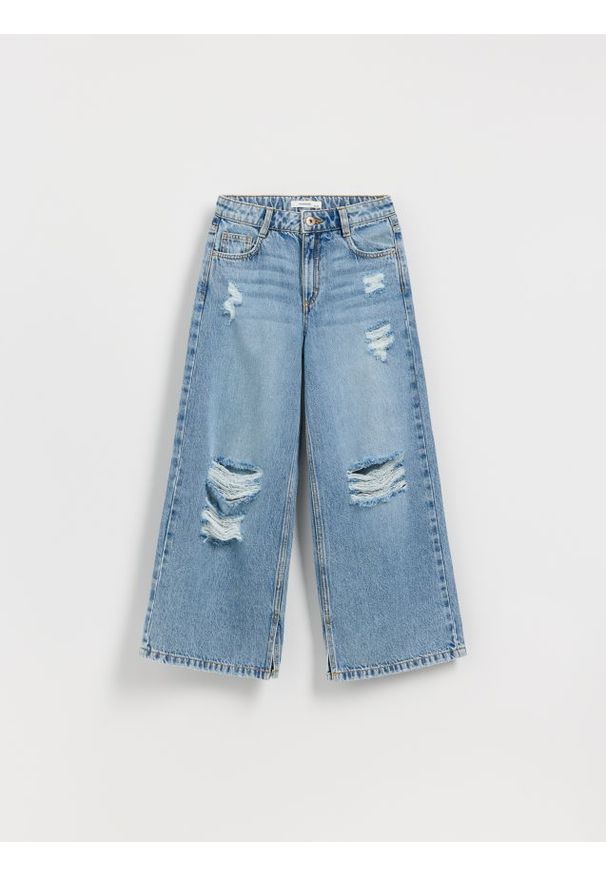 Reserved - Jeansy super wide leg z przetarciami - niebieski. Kolor: niebieski