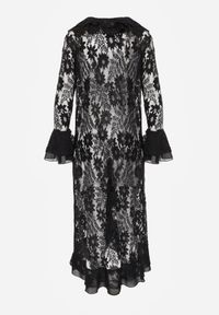 Born2be - Czarna Narzutka Plażowa o Fasonie Długiej Sukienki z Koronki Ozdobiona Falbankami Araqiel. Okazja: na plażę. Typ kołnierza: kołnierz z falbankami. Kolor: czarny. Materiał: koronka. Wzór: aplikacja, koronka. Sezon: lato. Styl: wakacyjny #4