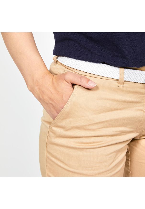 INESIS - Spodnie do golfa chino damskie Inesis MW500 bawełniane. Kolor: beżowy. Materiał: elastan, bawełna, poliester, materiał. Sport: golf