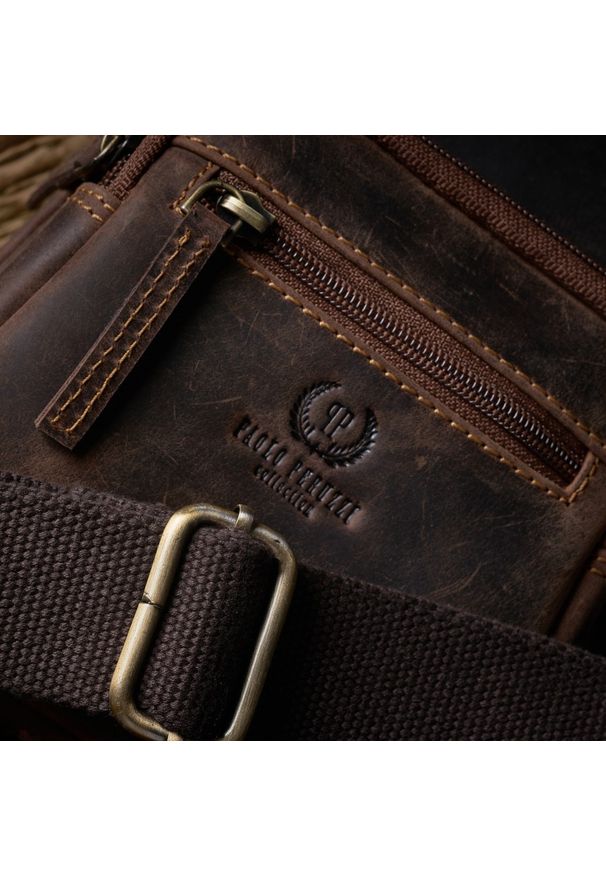 Plecak na jedno ramię brązowy skórzany vintage PAOLO PERUZZI T-38-BR. Kolor: brązowy. Materiał: skóra. Wzór: aplikacja. Styl: vintage