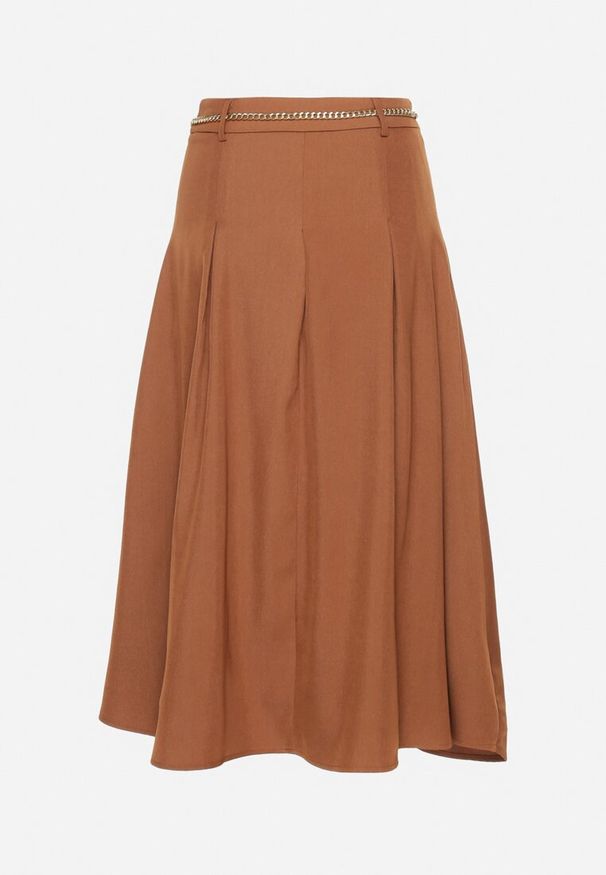 Born2be - Brązowa Rozkloszowana Spódnica z Wiskozą Ozdobiona Łańcuszkiem w Pasie Lilindrae. Okazja: na spotkanie biznesowe. Kolor: brązowy. Materiał: wiskoza. Wzór: aplikacja. Styl: biznesowy, elegancki