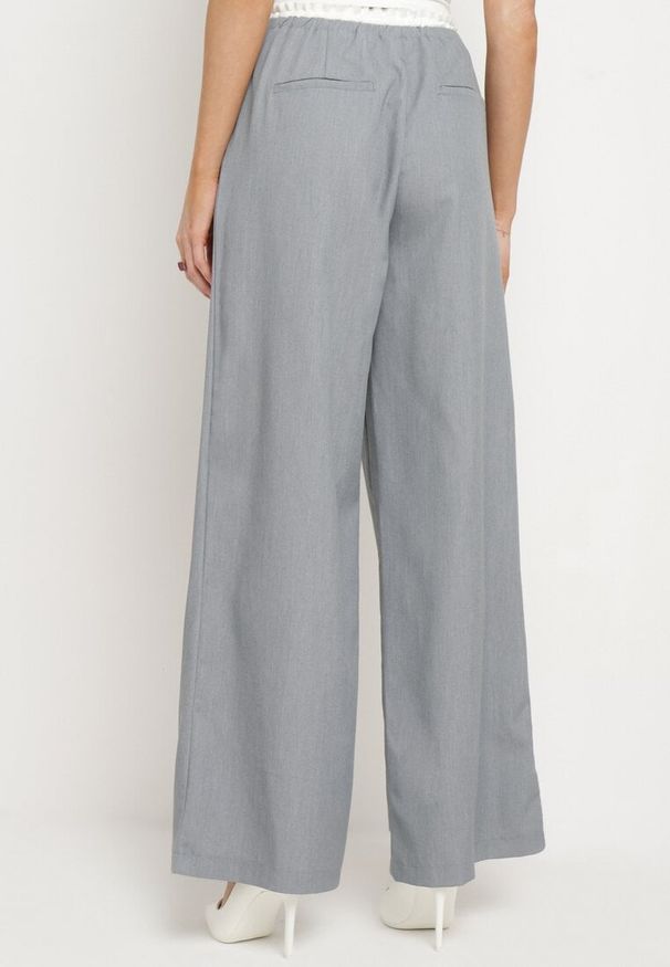 Born2be - Szare Spodnie z Szerokimi Nogawkami z Gumką w Pasie i Ściągaczem Fuma. Okazja: na co dzień. Kolor: szary. Materiał: jedwab, guma. Długość: długie. Styl: elegancki, casual