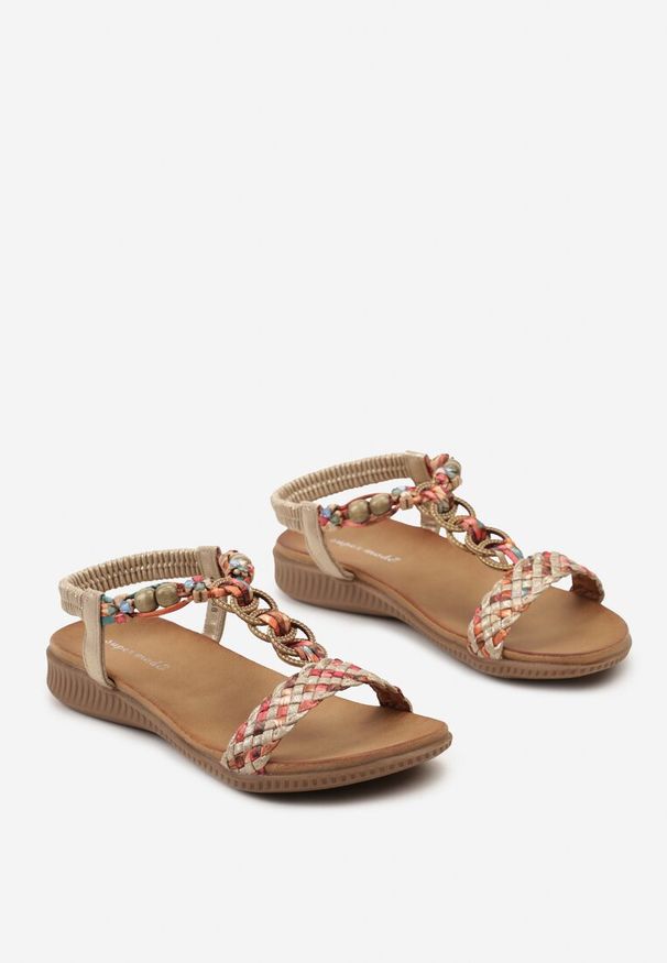 Born2be - Złote Sandały z Koralikami i Plecionymi Paseczkami Lomerae. Okazja: na co dzień. Kolor: złoty. Sezon: lato. Obcas: na obcasie. Styl: elegancki, etno, boho, casual. Wysokość obcasa: niski