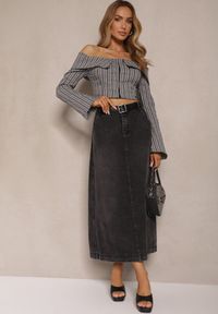 Renee - Czarna Jeansowa Spódnica Maxi o Rozkloszowanym Kroju z Paskiem Teviva. Kolor: czarny. Materiał: jeans. Sezon: lato, wiosna #5