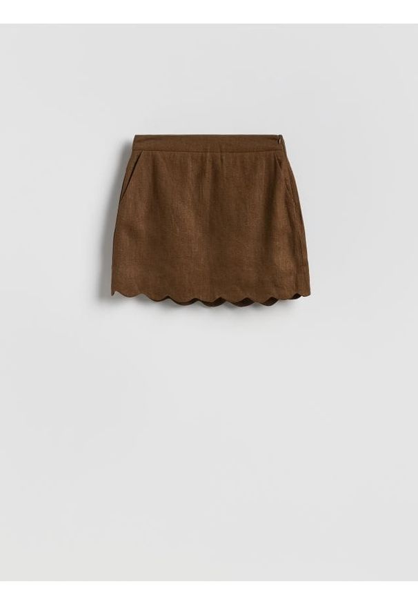 Reserved - Lniana spódnica mini - brązowy. Kolor: brązowy. Materiał: len. Styl: klasyczny