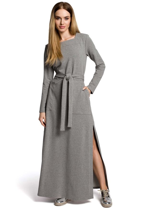 MOE - Dresowa maxi sukienka z paskiem duże kieszenie. Materiał: dresówka. Długość: maxi