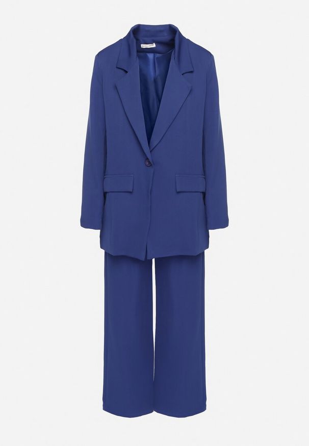 Born2be - Granatowy Garniturowy Komplet Spodnie i Marynarka z Usztywnianymi Ramionami Tathelia. Kolor: niebieski