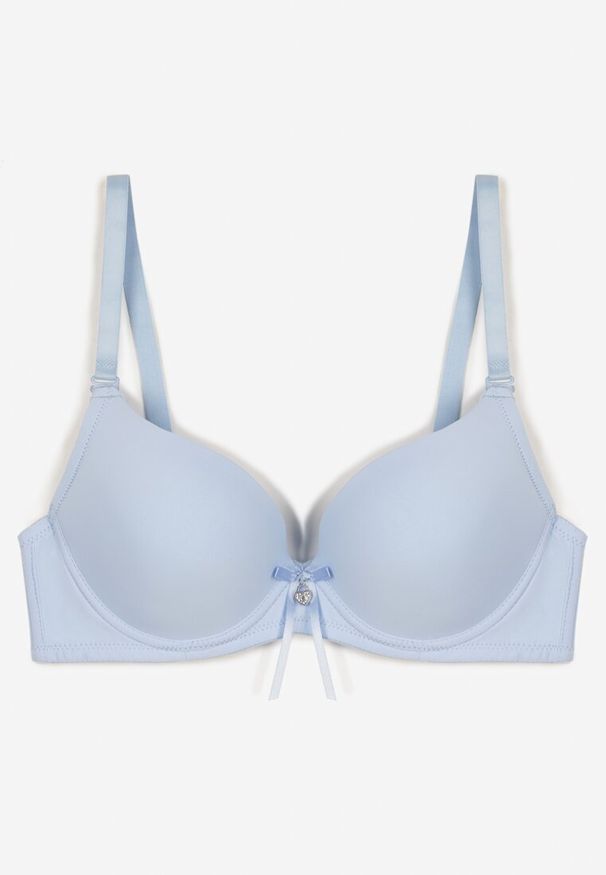 Born2be - Jasnoniebieski Gładki Biustonosz Push Up z Ozdobną Aplikacją Idanisse. Kolor: niebieski. Materiał: jeans. Rodzaj stanika: push-up. Wzór: aplikacja, gładki