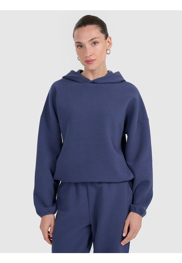 4f - 4F Bluza dresowa z waflowej dzianiny damska - granatowa L. Okazja: na co dzień. Kolor: niebieski. Materiał: dresówka, dzianina. Styl: sportowy, casual
