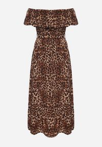 Born2be - Brązowa Sukienka Hiszpanka w Panterkę o Rozkloszowanym Kroju z Gumką w Talii Giterta. Okazja: na co dzień. Typ kołnierza: dekolt hiszpanka. Kolor: brązowy. Wzór: motyw zwierzęcy. Typ sukienki: rozkloszowane. Styl: casual, elegancki #6