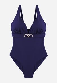 Born2be - Granatowy Elegancki Strój Kąpielowy Jednoczęściowy z Metaliczną Aplikacją Vilinaith. Kolekcja: plus size. Kolor: niebieski. Wzór: aplikacja #5