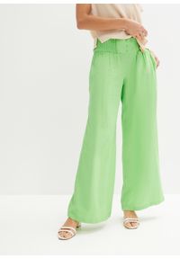 bonprix - Spodnie Marlena high waist, z domieszką lnu, z wygodnym paskiem w talii z przeszyciem cienkimi gumkami. Stan: podwyższony. Kolor: zielony. Materiał: len. Styl: elegancki