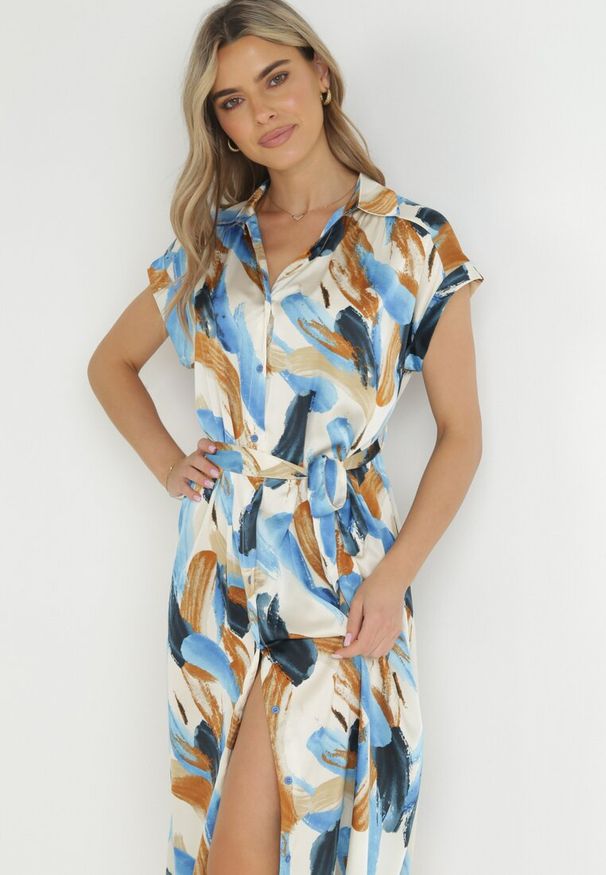 Born2be - Niebieska Koszulowa Sukienka Midi z Materiałowym Paskiem i Krótkimi Rękawami Brala. Okazja: na co dzień, na spotkanie biznesowe, do pracy. Kolor: niebieski. Materiał: materiał. Długość rękawa: krótki rękaw. Sezon: wiosna, lato. Typ sukienki: koszulowe. Styl: biznesowy, casual, klasyczny. Długość: midi