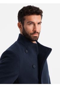 Ombre Clothing - Płaszcz męski z asymetrycznym zapięciem i wysokim kołnierzem – granatowy V3 - Rozmiar: XL. Okazja: na co dzień. Typ kołnierza: kołnierzyk stójkowy. Kolor: niebieski. Materiał: wiskoza, poliester, materiał, syntetyk, włókno. Długość: długie. Wzór: aplikacja, jednolity. Styl: wizytowy, casual, elegancki #8