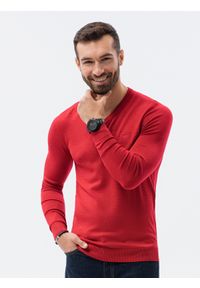 Ombre Clothing - Sweter męski z haftem E191 - czerwony - XXL. Kolor: czerwony. Materiał: materiał, nylon, dzianina, wiskoza. Wzór: haft. Styl: klasyczny, elegancki