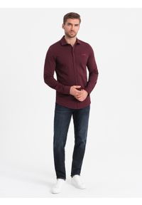 Ombre Clothing - Bawełniana męska koszula REGULAR z dzianiny single jersey - bordowa V3 OM-SHCS-0138 - XXL. Kolor: czerwony. Materiał: dzianina, jersey, bawełna. Wzór: kolorowy, haft #7