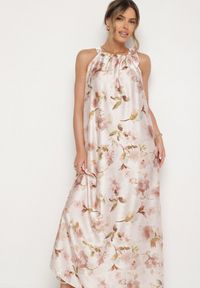 Born2be - Beżowa Satynowa Sukienka w Kwiaty Fenaresia. Okazja: na co dzień, na spacer. Kolor: beżowy. Materiał: satyna. Długość rękawa: na ramiączkach. Wzór: kwiaty. Sezon: lato. Typ sukienki: proste. Styl: casual, elegancki #6