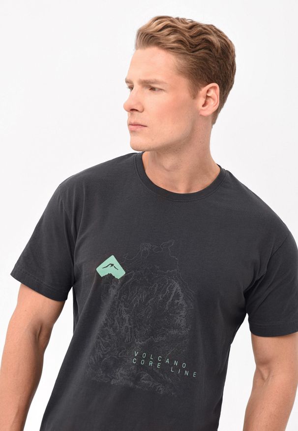 Volcano - Bawełniany t-shirt, Comfort Fit, T-LITT. Okazja: na co dzień. Kolor: szary. Materiał: bawełna. Długość rękawa: krótki rękaw. Długość: krótkie. Wzór: nadruk. Styl: casual