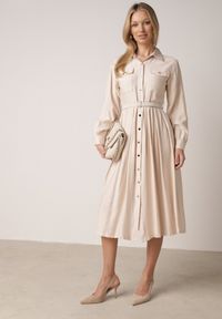 Born2be - Beżowa Wiskozowa Sukienka Koszulowa z Paskiem Andranassa. Okazja: na co dzień. Kolor: beżowy. Materiał: wiskoza. Wzór: aplikacja. Typ sukienki: koszulowe. Styl: casual, elegancki #7