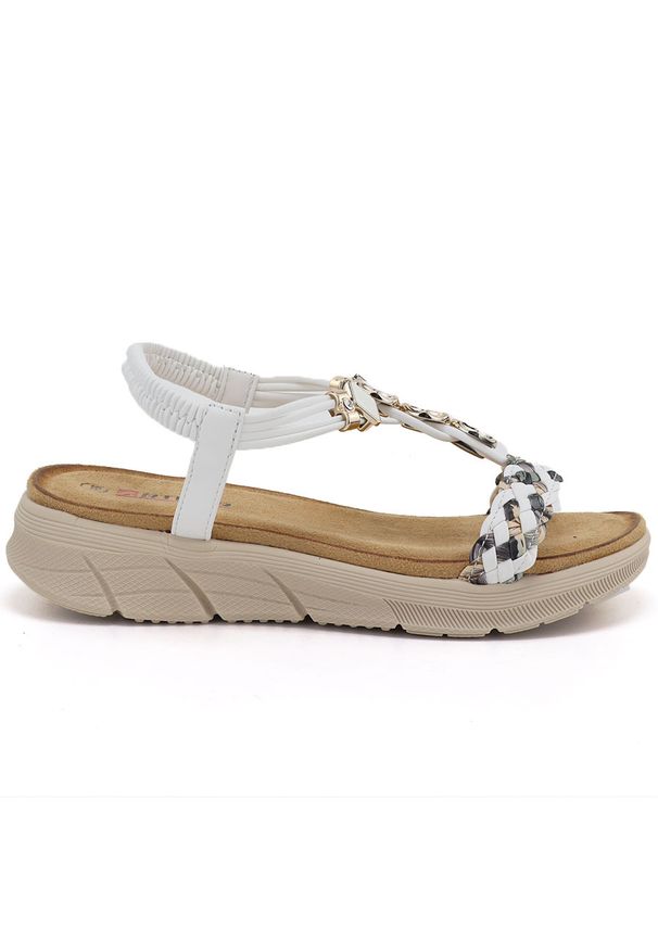 Sandały damskie na koturnie białe Artiker 58C0013. Kolor: biały. Materiał: tkanina. Obcas: na koturnie