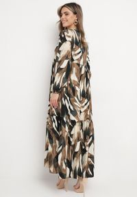 Born2be - Beżowo-Brązowa Sukienka Rozkloszowana w Abstrakcyjny Print z Koszulową Górą Analow. Kolor: beżowy. Materiał: tkanina. Wzór: nadruk. Typ sukienki: koszulowe #4
