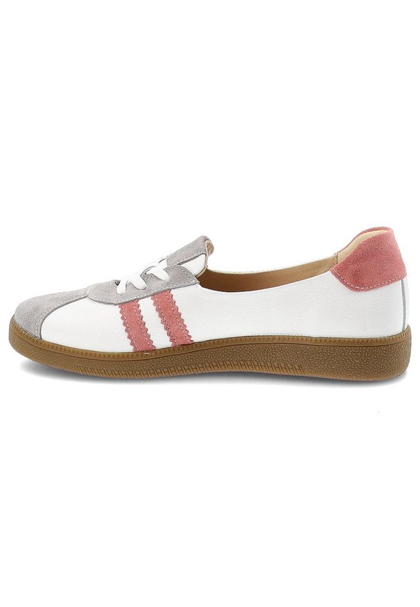 Trampki damskie Armodo, sznurowana konstrukcja z kontrastowymi paskami po bokach i klasycznym noskiem, białe, n1341-139/444/1236. Zapięcie: pasek. Kolor: szary. Styl: klasyczny