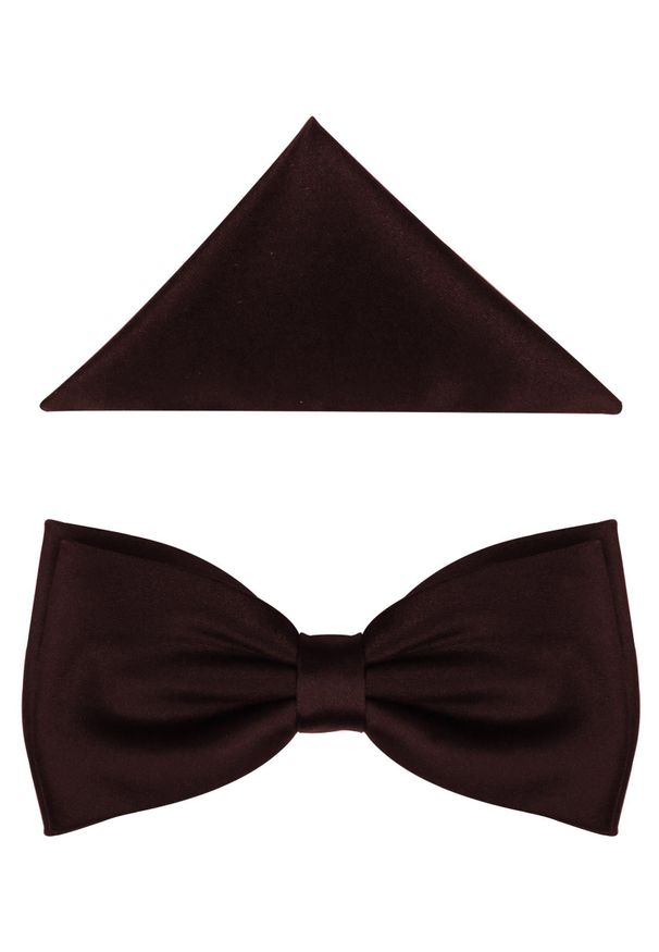 Modini - Brązowa/czekoladowa gładka muszka męska szeroka z poszetką B29. Kolor: brązowy. Materiał: poliester, tkanina. Wzór: gładki. Styl: elegancki