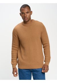 Big-Star - Sweter męski klasyczny brązowy Riko 803. Okazja: na co dzień. Kolor: brązowy. Materiał: bawełna. Wzór: prążki, ze splotem. Styl: klasyczny
