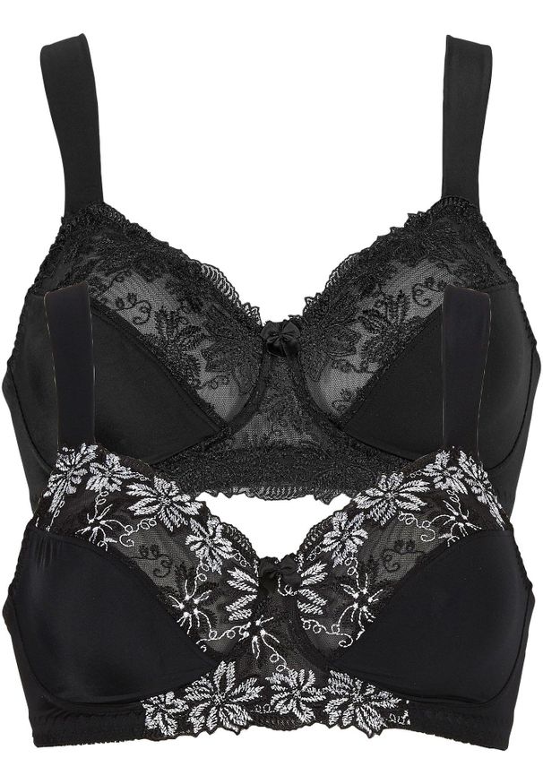bonprix - Biustonosz bez fiszbinów z wyściełanymi ramiączkami (2 szt.). Kolor: czarny. Rodzaj stanika: wyściełane miseczki, różne sposoby noszenia. Wzór: haft