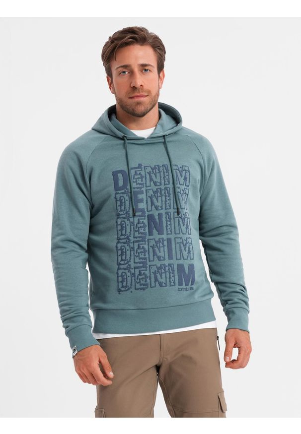 Ombre Clothing - Bluza męska kangurka nierozpinana z kapturem i nadrukiem - turkusowa V2 - Rozmiar: XXL. Typ kołnierza: kaptur. Kolor: turkusowy. Materiał: poliester, bawełna. Wzór: nadruk
