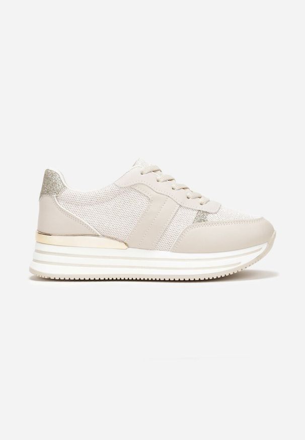 Renee - Beżowe Sneakersy na Grubej Podeszwie Ozdobione Brokatem Moneya. Okazja: na spotkanie biznesowe, na co dzień. Nosek buta: okrągły. Zapięcie: sznurówki. Kolor: beżowy. Materiał: materiał, jeans. Wzór: aplikacja. Obcas: na obcasie. Wysokość obcasa: niski