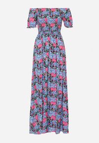 Born2be - Fioletowo-Niebieska Rozkloszowana Sukienka Typu Hiszpanka z Marszczoną Górą Jesteria. Typ kołnierza: dekolt hiszpanka. Kolor: fioletowy. Długość rękawa: krótki rękaw. Styl: wakacyjny, elegancki #2