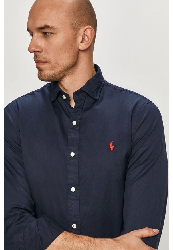 Polo Ralph Lauren - Koszula bawełniana. Okazja: na co dzień. Typ kołnierza: polo. Kolor: niebieski. Materiał: bawełna. Długość rękawa: długi rękaw. Długość: długie. Wzór: gładki. Styl: casual, klasyczny