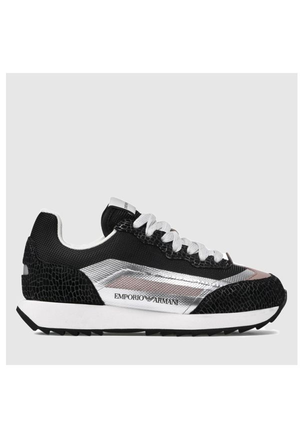 Emporio Armani - EMPORIO ARMANI Czarne sneakersy damskie ze srebrnymi elementami, Rozmiar 36. Kolor: czarny. Materiał: zamsz, skóra, materiał. Szerokość cholewki: normalna