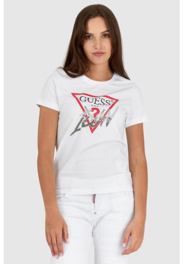 Guess - GUESS Biały t-shirt damski icon. Kolor: biały. Materiał: bawełna