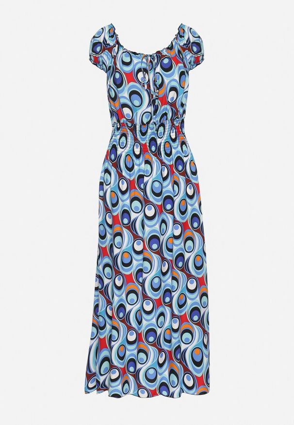 Born2be - Niebieska Sukienka z Geometrycznym Wzorem i Hiszpańskim Dekoltem Tosile. Okazja: na co dzień. Kolor: niebieski. Długość rękawa: długi rękaw. Wzór: geometria. Sezon: lato. Styl: casual, klasyczny, elegancki