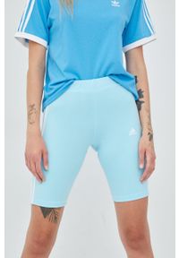 Adidas - adidas szorty HK9669 damskie z aplikacją medium waist. Kolor: niebieski. Materiał: bawełna. Wzór: aplikacja