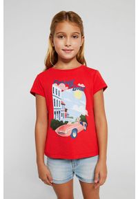 Mayoral T-shirt dziecięcy kolor czerwony. Okazja: na co dzień. Kolor: czerwony. Materiał: bawełna. Wzór: nadruk. Styl: casual