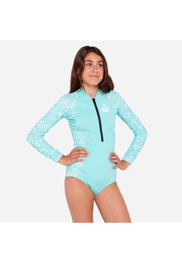 Kostium kąpielowy jednoczęściowy dla dzieci Decathlon 500 Lucy długi rękaw. Kolor: biały, niebieski, wielokolorowy, zielony. Materiał: poliester, materiał, elastan