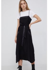 DKNY - Dkny Sukienka kolor czarny midi rozkloszowana. Kolor: czarny. Długość rękawa: krótki rękaw. Typ sukienki: rozkloszowane. Długość: midi #4