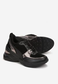Born2be - Czarno-Srebrne Sneakersy na Koturnie z Wkładką ze Skóry Naturalnej Keyara. Nosek buta: okrągły. Zapięcie: sznurówki. Kolor: srebrny. Materiał: skóra. Sezon: lato, wiosna, jesień. Obcas: na koturnie. Wysokość obcasa: średni #2