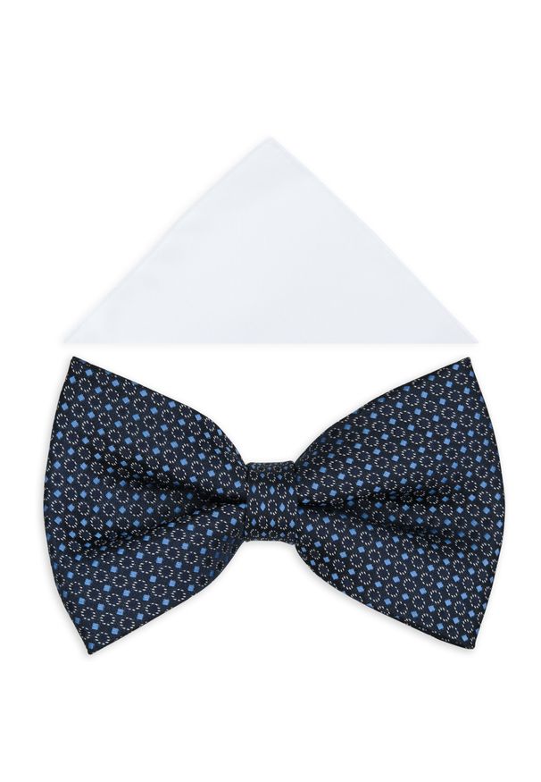 Modini - Granatowa muszka w kwadraciki i kropki A407. Kolor: niebieski. Materiał: poliester, tkanina. Wzór: kropki. Styl: elegancki